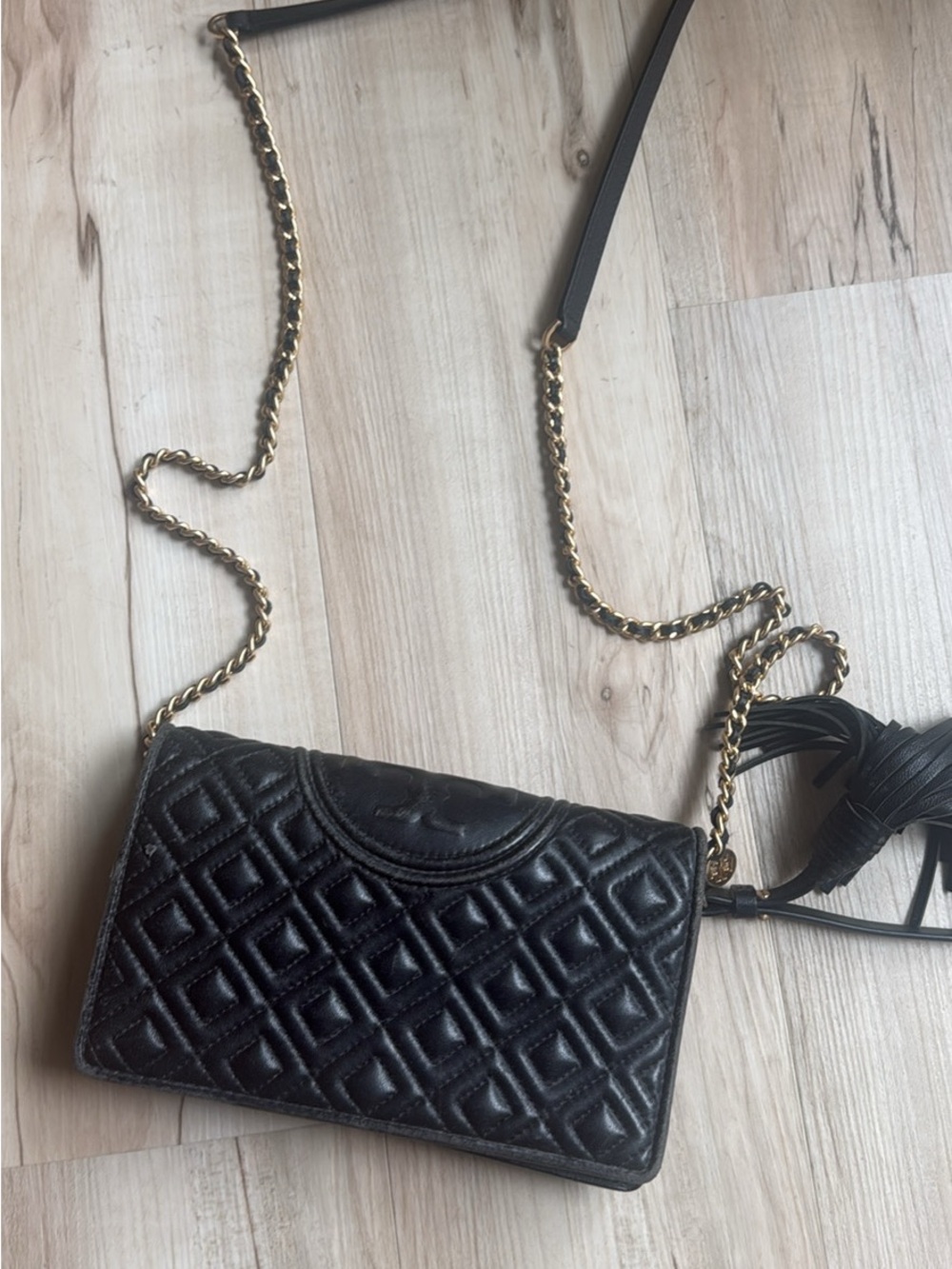 Tory Burch Black Quilted Leather Crossbody with Gold Chain